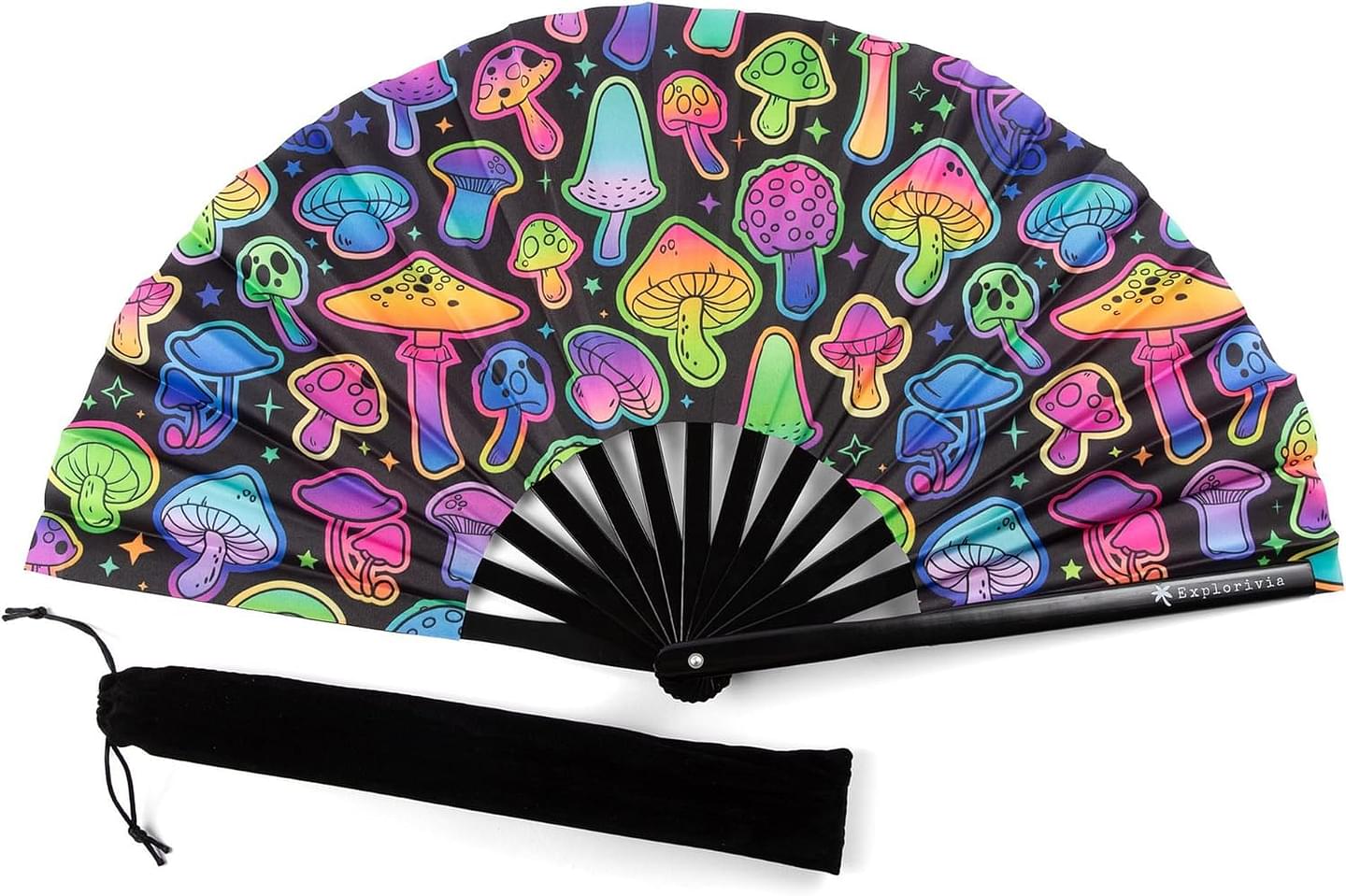 Rave Fan | Lightweight & Water Resistant foldable fan | 13in festival fan | Durable Clack Fan w/Velvet Drawstring rave fans Storage bag UV Neon Mushroom Women's Foldable Hand Fan Polyester Uv Neon Mushroom