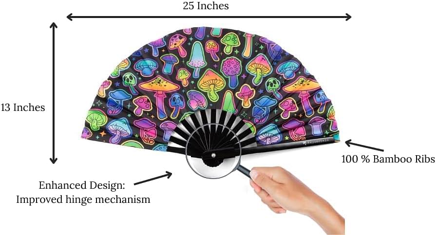 Rave Fan | Lightweight & Water Resistant foldable fan | 13in festival fan | Durable Clack Fan w/Velvet Drawstring rave fans Storage bag UV Neon Mushroom Women's Foldable Hand Fan Polyester Uv Neon Mushroom