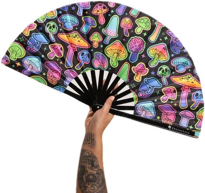 Rave Fan | Lightweight & Water Resistant foldable fan | 13in festival fan | Durable Clack Fan w/Velvet Drawstring rave fans Storage bag UV Neon Mushroom Women's Foldable Hand Fan Polyester Uv Neon Mushroom