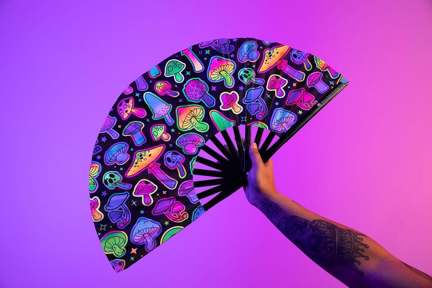 Rave Fan | Lightweight & Water Resistant foldable fan | 13in festival fan | Durable Clack Fan w/Velvet Drawstring rave fans Storage bag UV Neon Mushroom Women's Foldable Hand Fan Polyester Uv Neon Mushroom