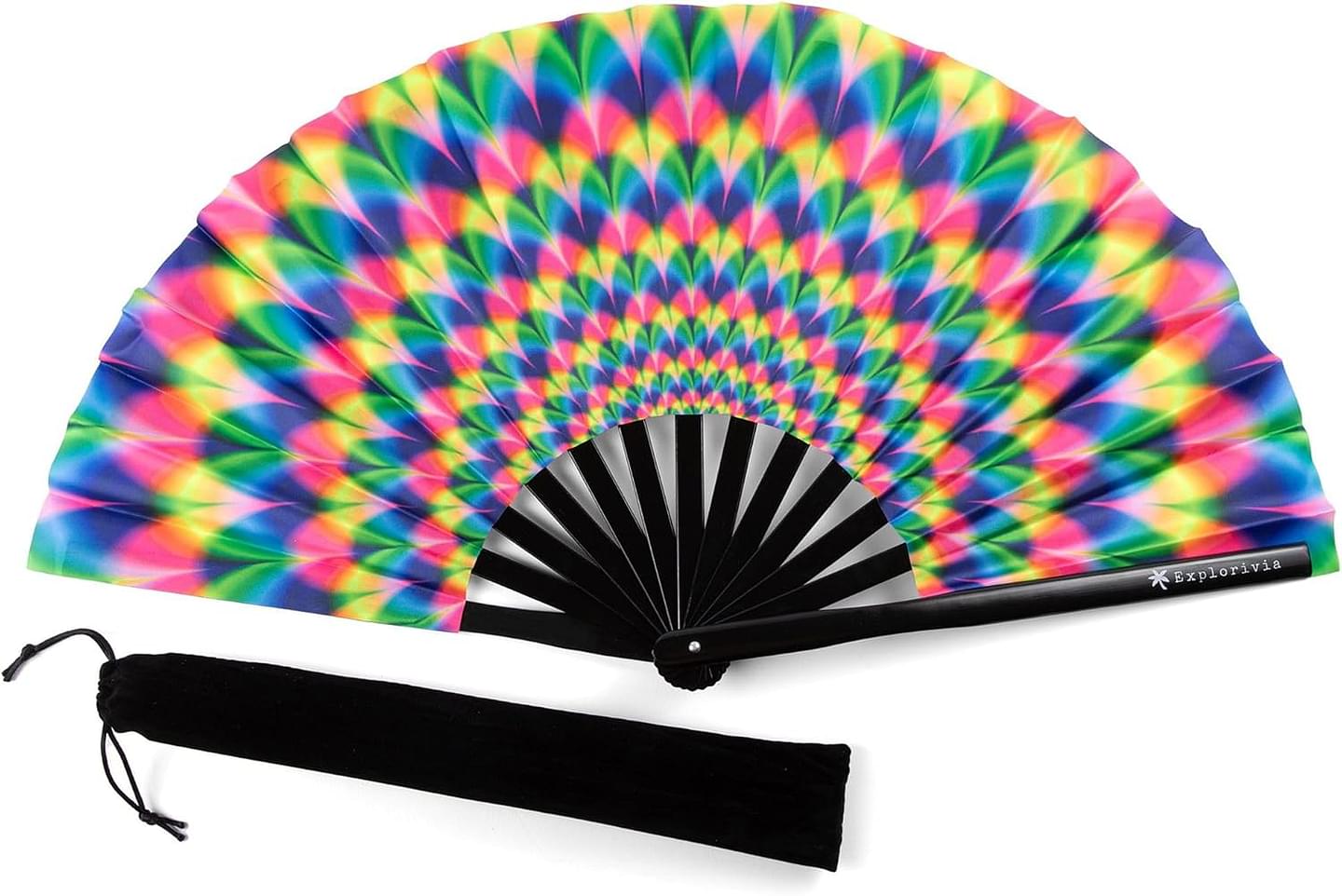 Rave Fan | Lightweight & Water Resistant foldable fan | 13in festival fan | Durable Clack Fan w/Velvet Drawstring rave fans Storage bag | UV Peacock Women's Foldable Hand Fan Polyester Uv Peacock