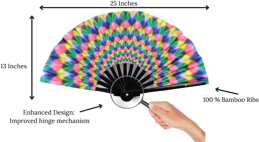 Rave Fan | Lightweight & Water Resistant foldable fan | 13in festival fan | Durable Clack Fan w/Velvet Drawstring rave fans Storage bag | UV Peacock Women's Foldable Hand Fan Polyester Uv Peacock