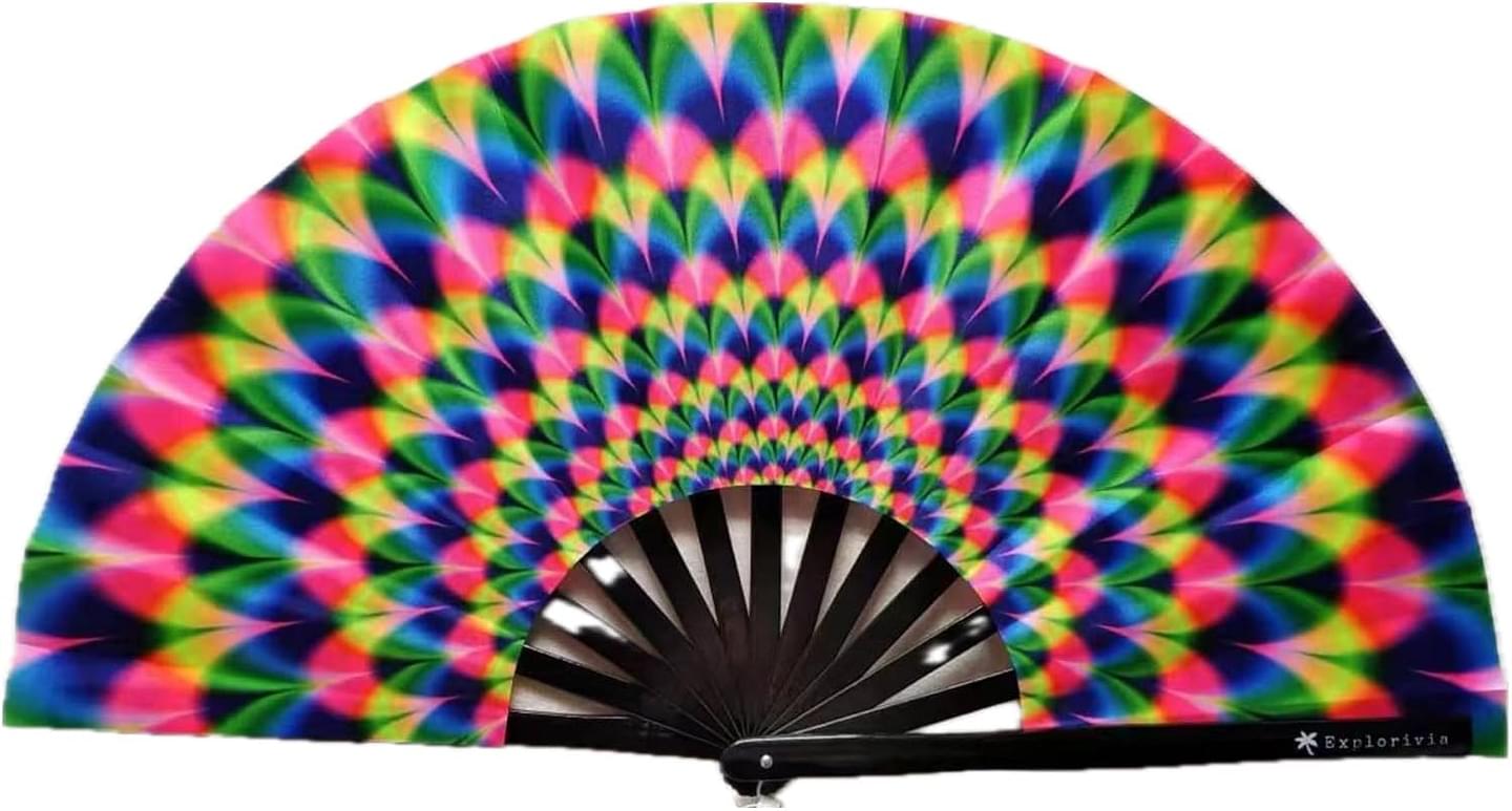 Rave Fan | Lightweight & Water Resistant foldable fan | 13in festival fan | Durable Clack Fan w/Velvet Drawstring rave fans Storage bag | UV Peacock Women's Foldable Hand Fan Polyester Uv Peacock