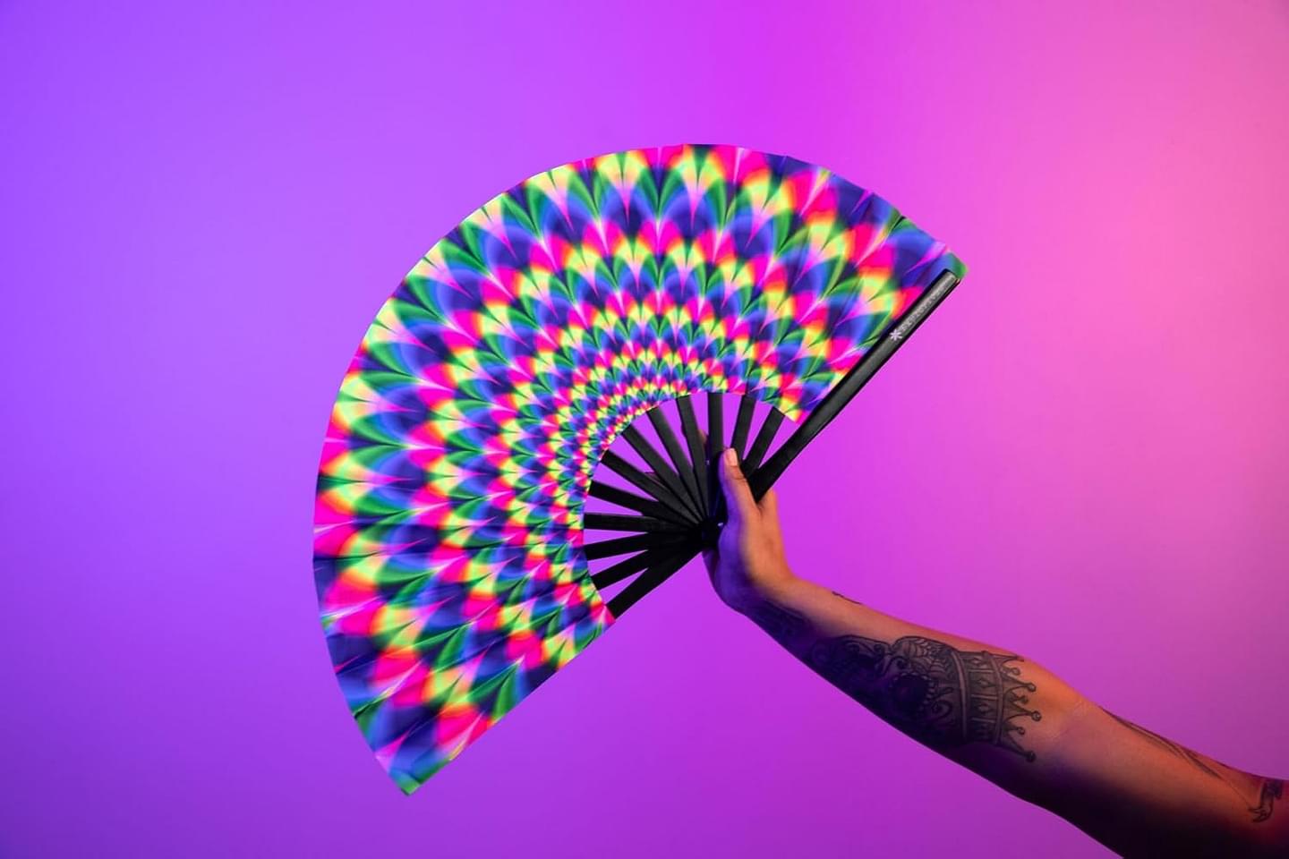 Rave Fan | Lightweight & Water Resistant foldable fan | 13in festival fan | Durable Clack Fan w/Velvet Drawstring rave fans Storage bag | UV Peacock Women's Foldable Hand Fan Polyester Uv Peacock