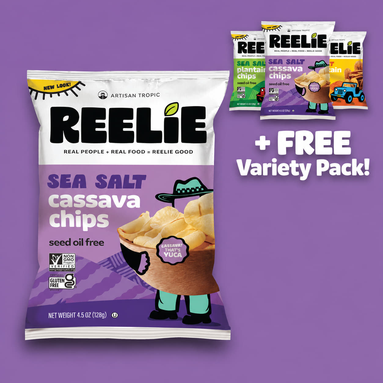 Reelie Sea Salt Cassava Chips 12 Snackable 4.5oz bags + FREE Variety Pack! 