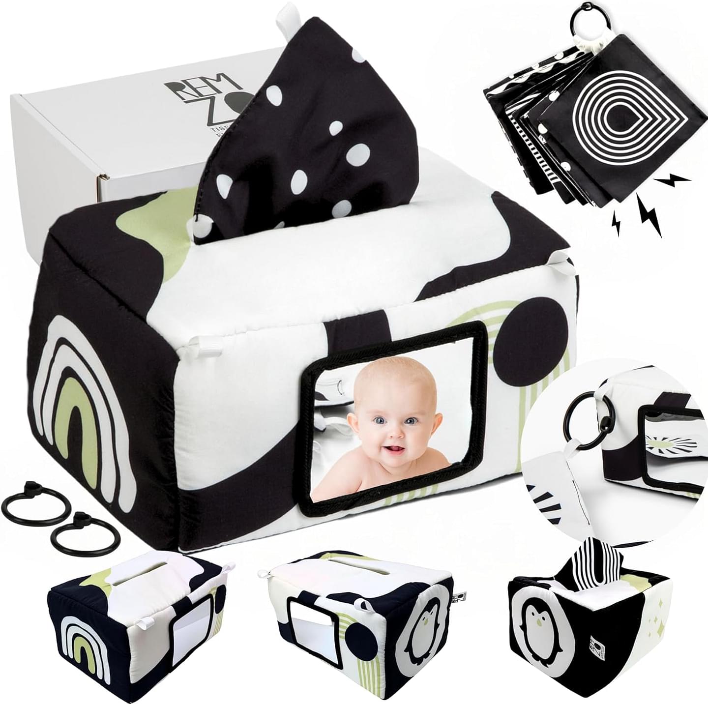REMZO Baby Tissue Box Toy 3-in-1 w/ 10 Hanging Baby Crinkle Paper and Tummy Time Mirror - High Contrast Baby Toys for Newborn - Sensory Montessori Magic Tissue Box - Crinkle Books for Babies