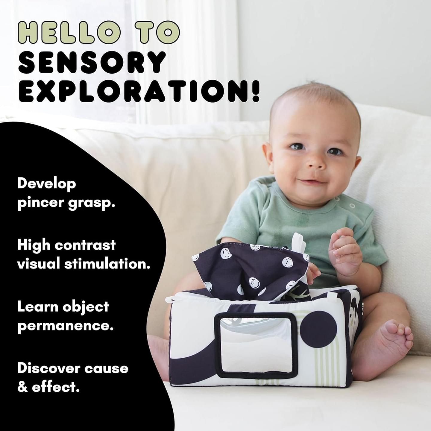 REMZO Baby Tissue Box Toy 3-in-1 w/ 10 Hanging Baby Crinkle Paper and Tummy Time Mirror - High Contrast Baby Toys for Newborn - Sensory Montessori Magic Tissue Box - Crinkle Books for Babies
