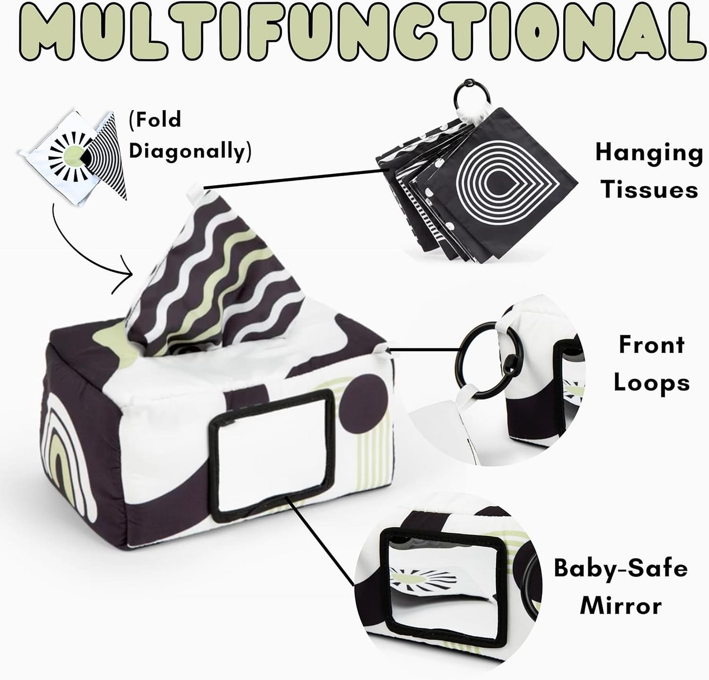 REMZO Baby Tissue Box Toy 3-in-1 w/ 10 Hanging Baby Crinkle Paper and Tummy Time Mirror - High Contrast Baby Toys for Newborn - Sensory Montessori Magic Tissue Box - Crinkle Books for Babies