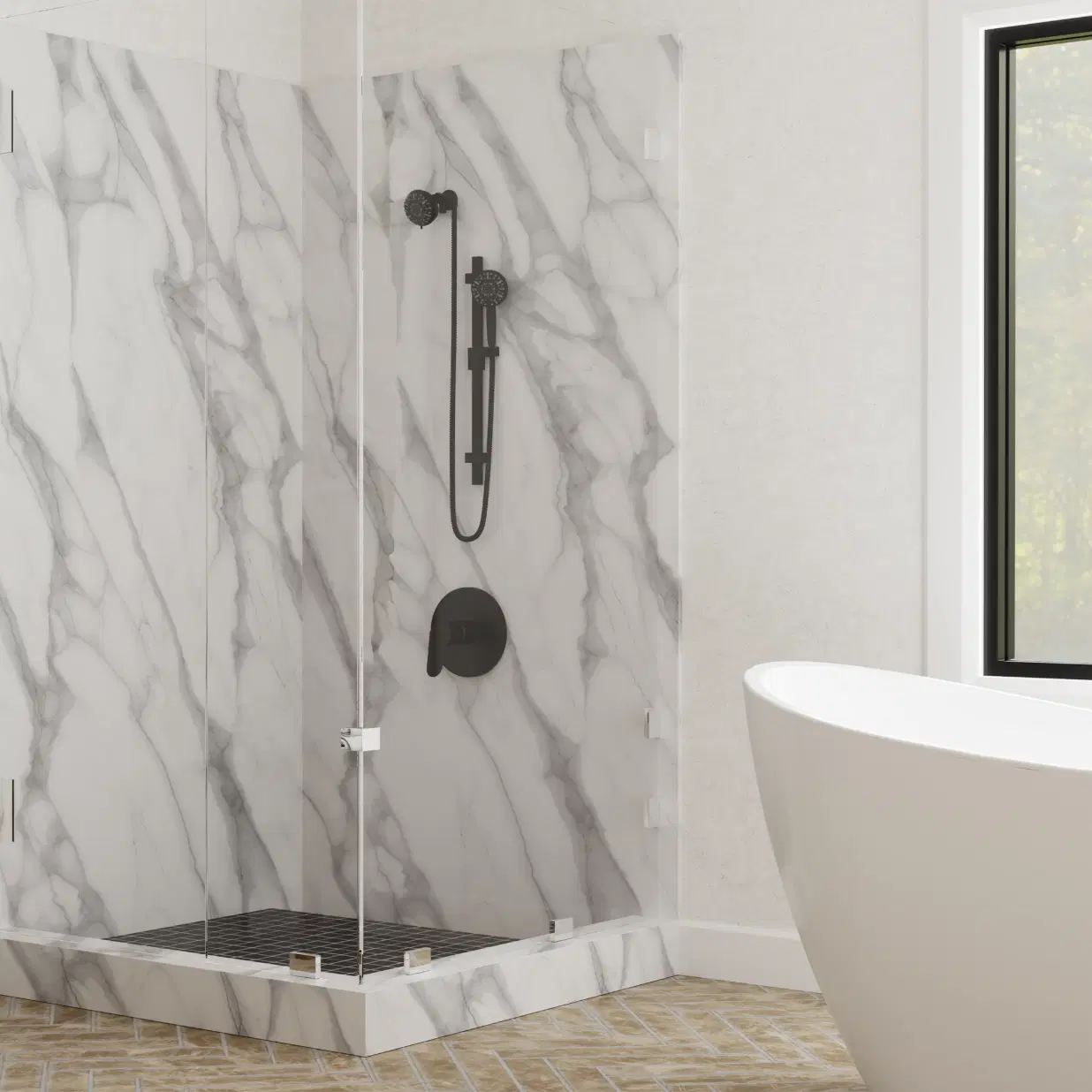 Retreat 4-in Multi-function Showerhead Shower System with Slide Bar and Multi-function Handshower Matte Black 1.8 GPM