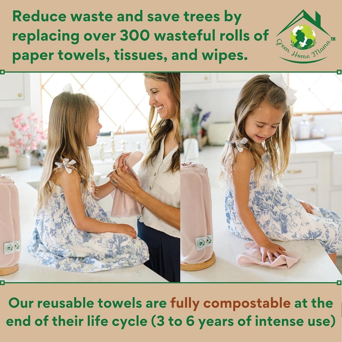 Reusable Paper Towels Washable Roll 29Pack, Reusable Baby Wipes, Washable Paper Towels Cloth, Cloth Paper Towels Reusable Washable, Paperless Paper Towels Alternative, Zero Waste Wet Bag & Wash Cloth Rose Blush