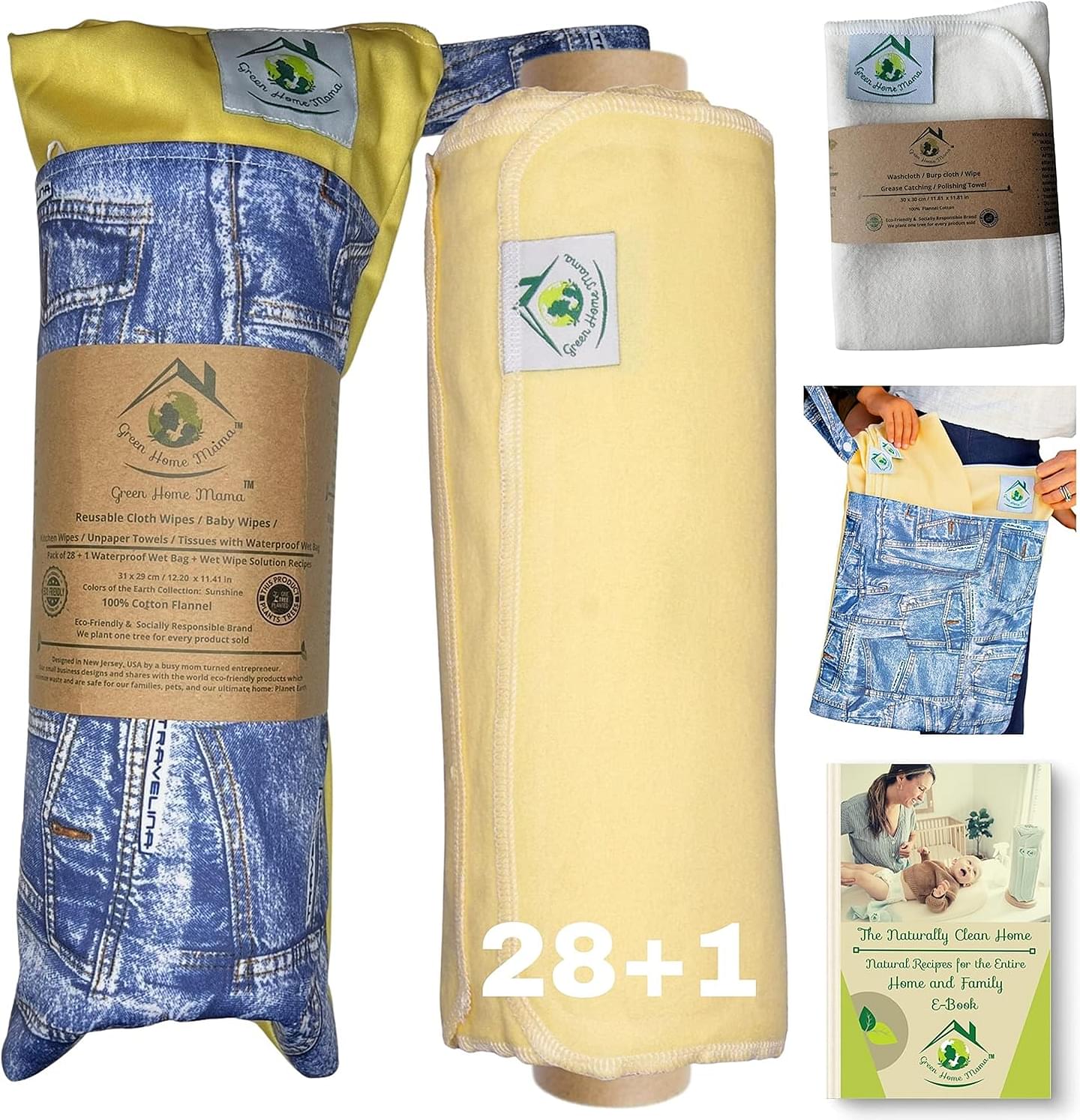 Reusable Paper Towels Washable Roll 29Pack, Reusable Baby Wipes, Washable Paper Towels Cloth, Cloth Paper Towels Reusable Washable, Paperless Paper Towels Alternative, Zero Waste Wet Bag & Wash Cloth Sunshine