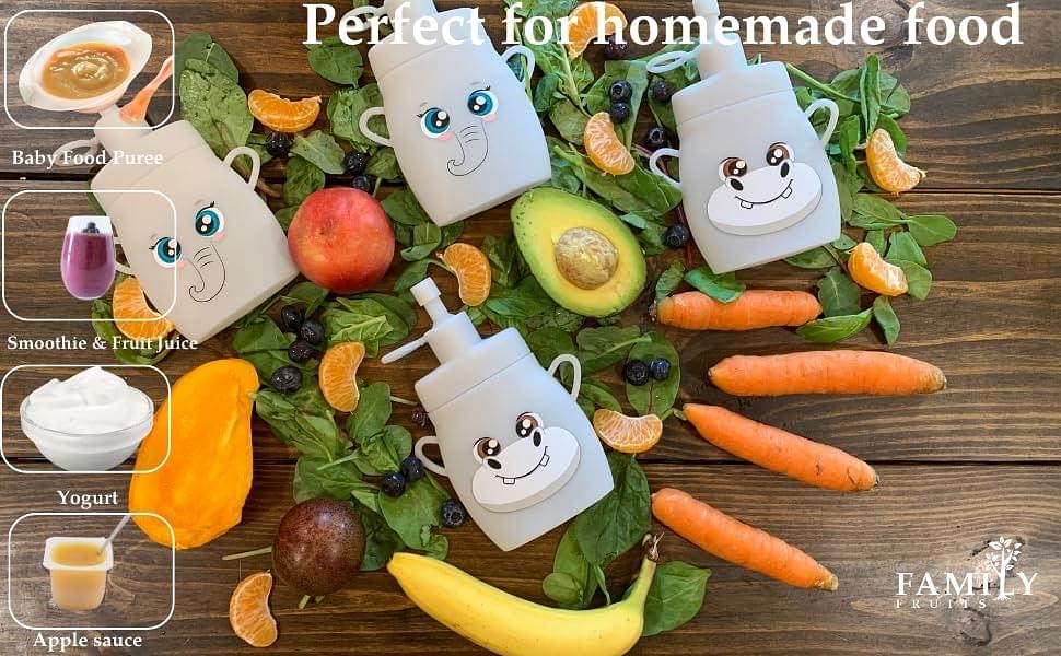 Reusable Pouches for Toddlers 4 Pack Elephants, Hippos, Easy to Clean Fill Reusable Baby Food Pouches, Homemade Organic Smoothie, Puree, Applesauce, Reusable Squeeze Pouches for Kids