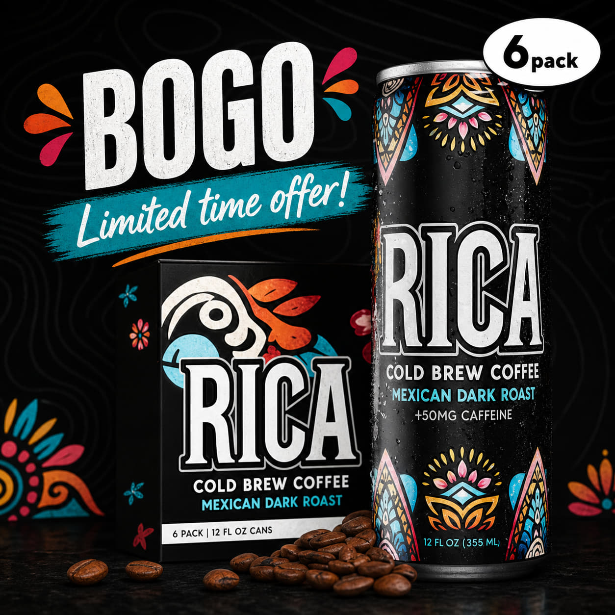 LIMITED TIME OFFER - BOGO 50% OFF! | Rica Cold Brew | Mexican Dark Roast Cold Brew Coffee - 6 Pack