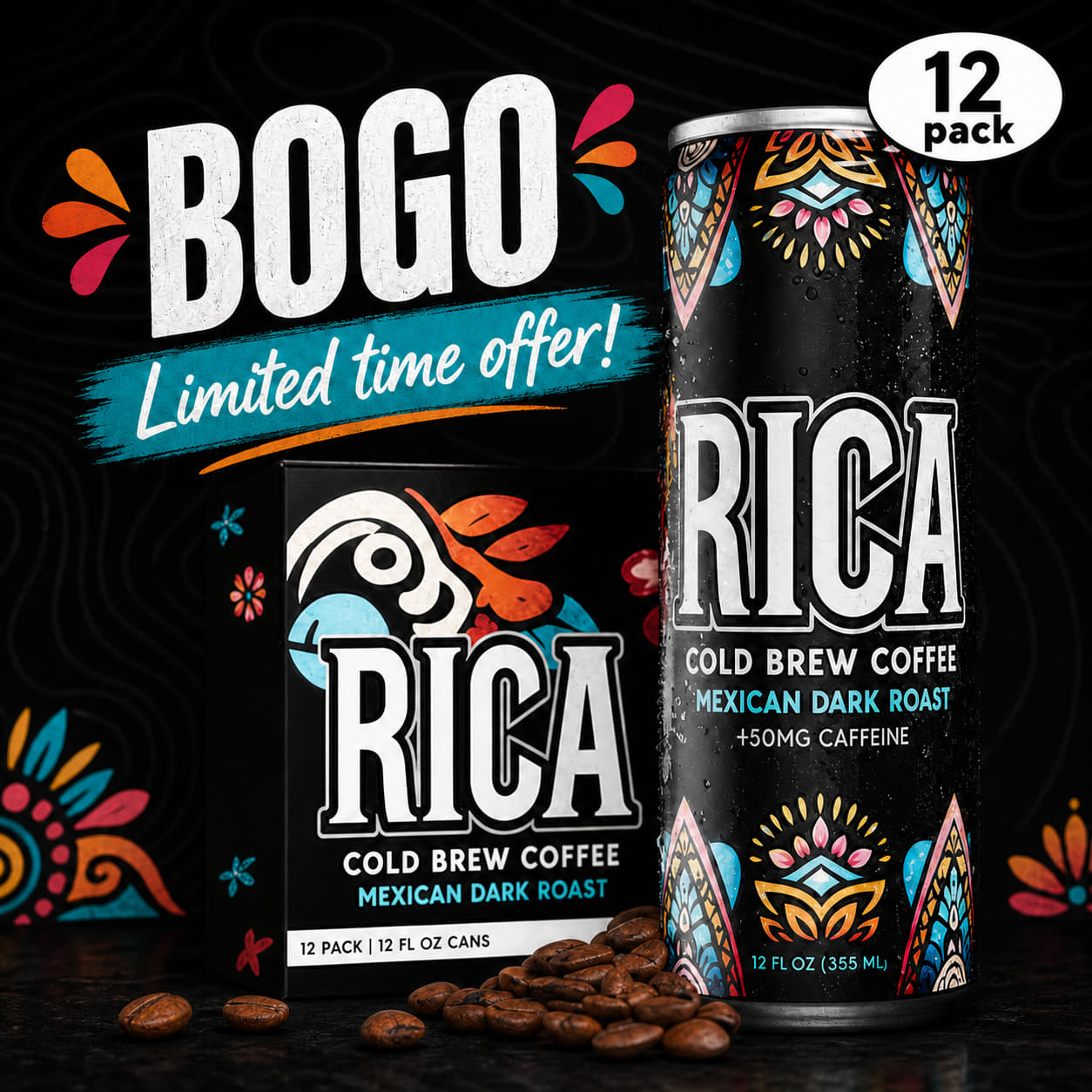 LIMITED TIME OFFER - BOGO 50% OFF! | Rica Cold Brew | Mexican Dark Roast Cold Brew Coffee - 12 Pack