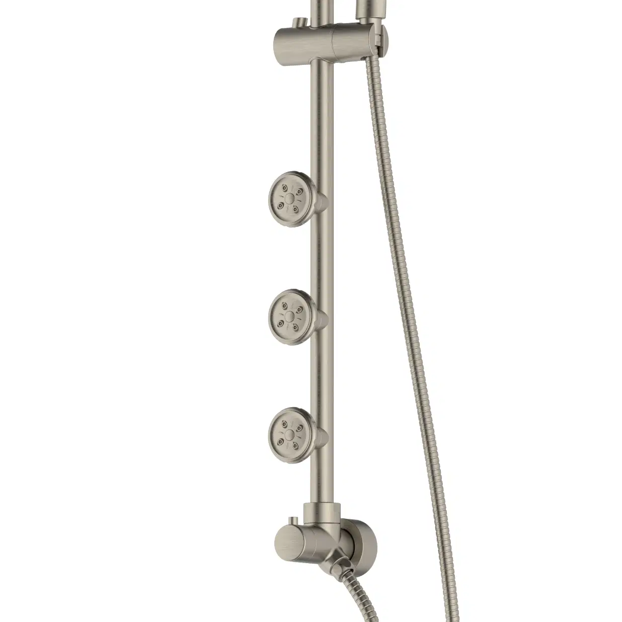 Riviera 8-in Rain Showerhead Shower System with 3-Body Jets Pivoting Shower Arm and Multi-function Handshower Brushed Nickel