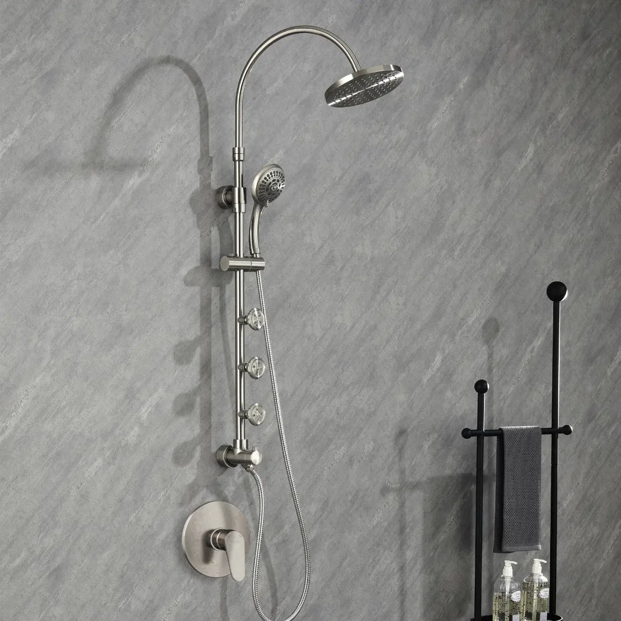 Riviera 8-in Rain Showerhead Shower System with 3-Body Jets Pivoting Shower Arm and Multi-function Handshower Brushed Nickel