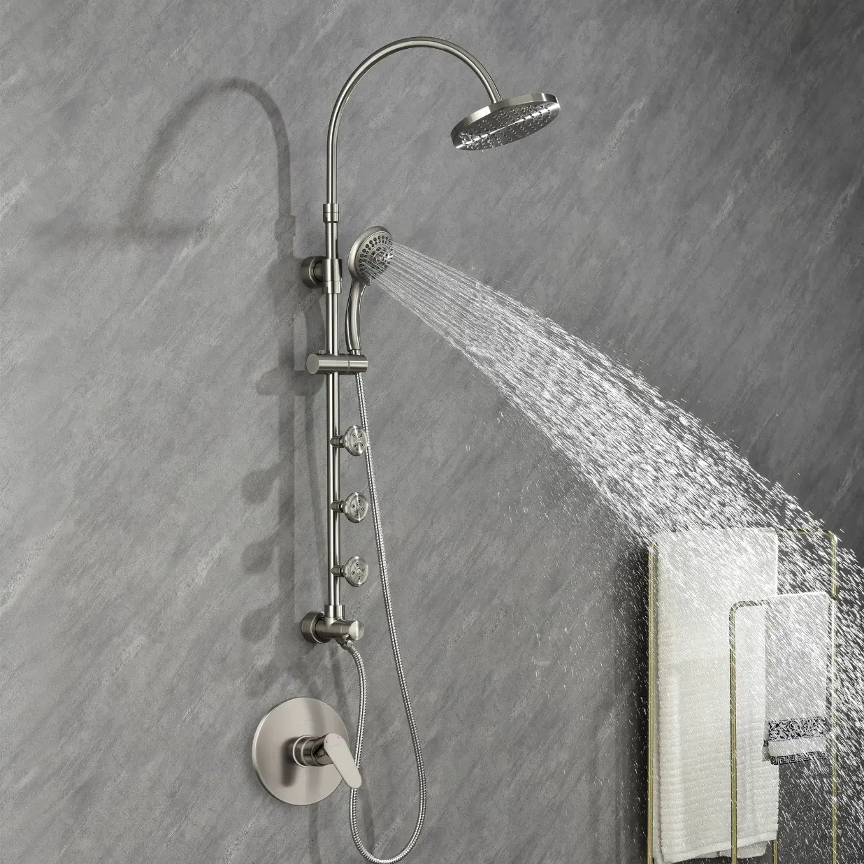 Riviera 8-in Rain Showerhead Shower System with 3-Body Jets Pivoting Shower Arm and Multi-function Handshower Brushed Nickel