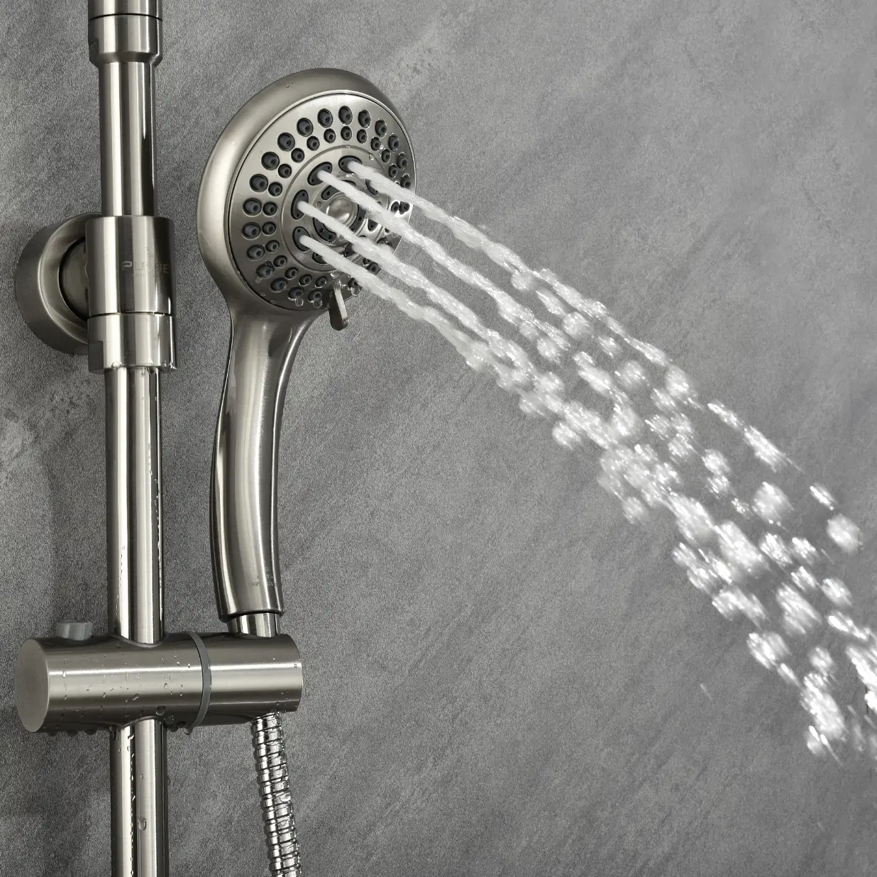 Riviera 8-in Rain Showerhead Shower System with 3-Body Jets Pivoting Shower Arm and Multi-function Handshower Brushed Nickel