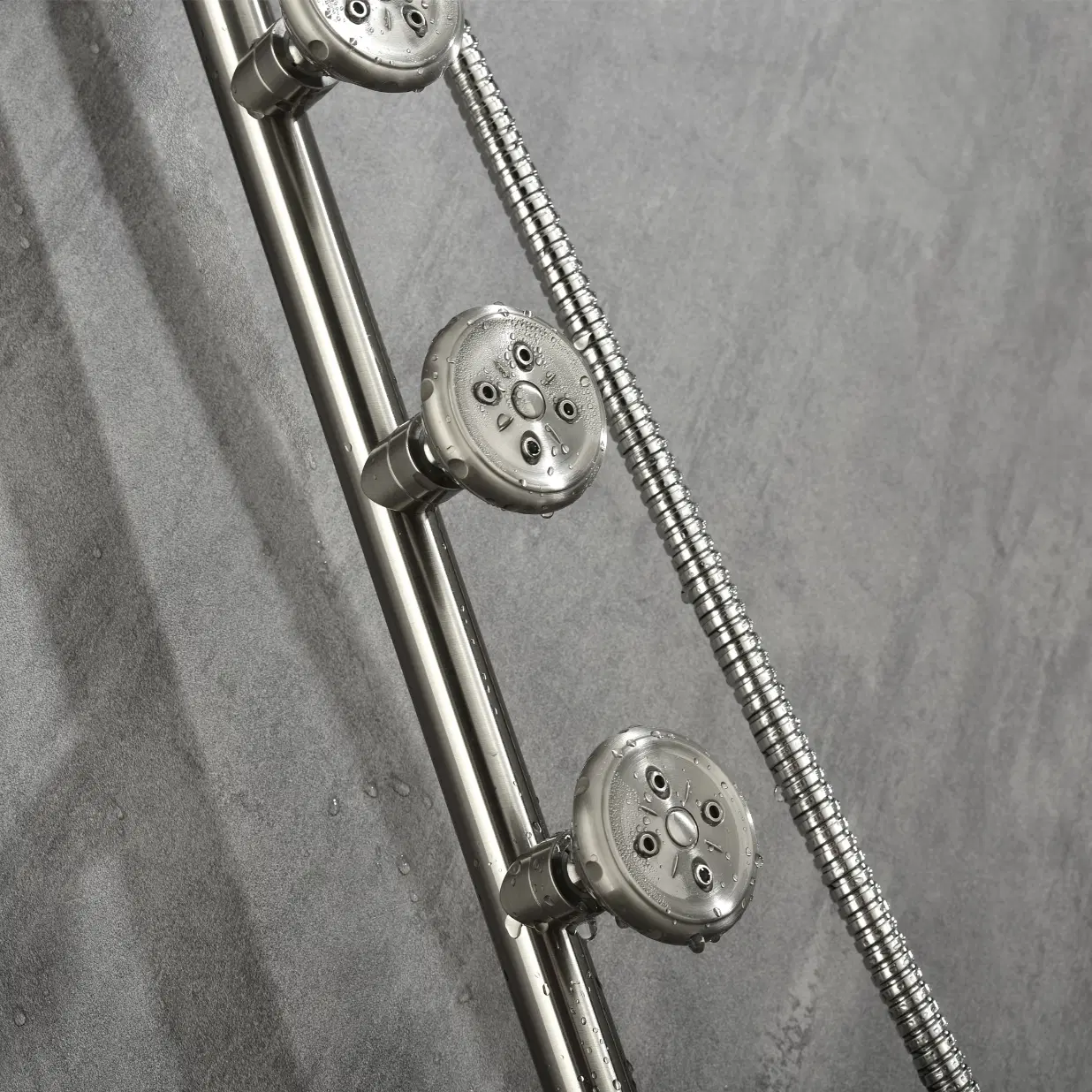 Riviera 8-in Rain Showerhead Shower System with 3-Body Jets Pivoting Shower Arm and Multi-function Handshower Brushed Nickel