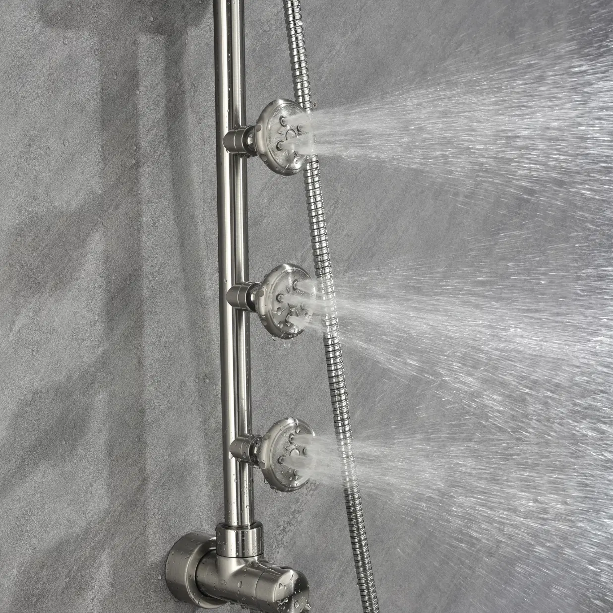 Riviera 8-in Rain Showerhead Shower System with 3-Body Jets Pivoting Shower Arm and Multi-function Handshower Brushed Nickel