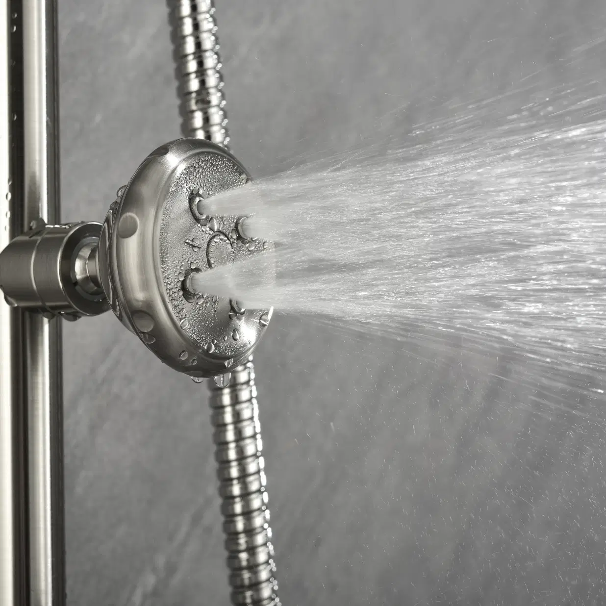 Riviera 8-in Rain Showerhead Shower System with 3-Body Jets Pivoting Shower Arm and Multi-function Handshower Brushed Nickel
