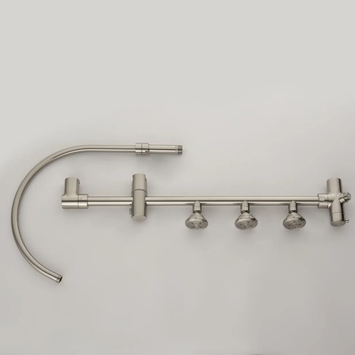 Riviera 8-in Rain Showerhead Shower System with 3-Body Jets Pivoting Shower Arm and Multi-function Handshower Brushed Nickel