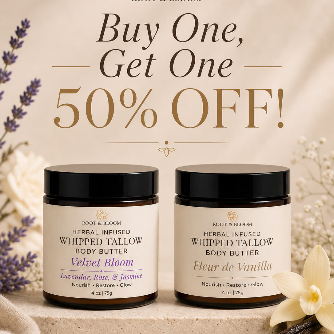 Root and Bloom| BOGO 50% Off| Whipped Tallow Body Butter in Velvet Bloom and Fleur de Vanilla
