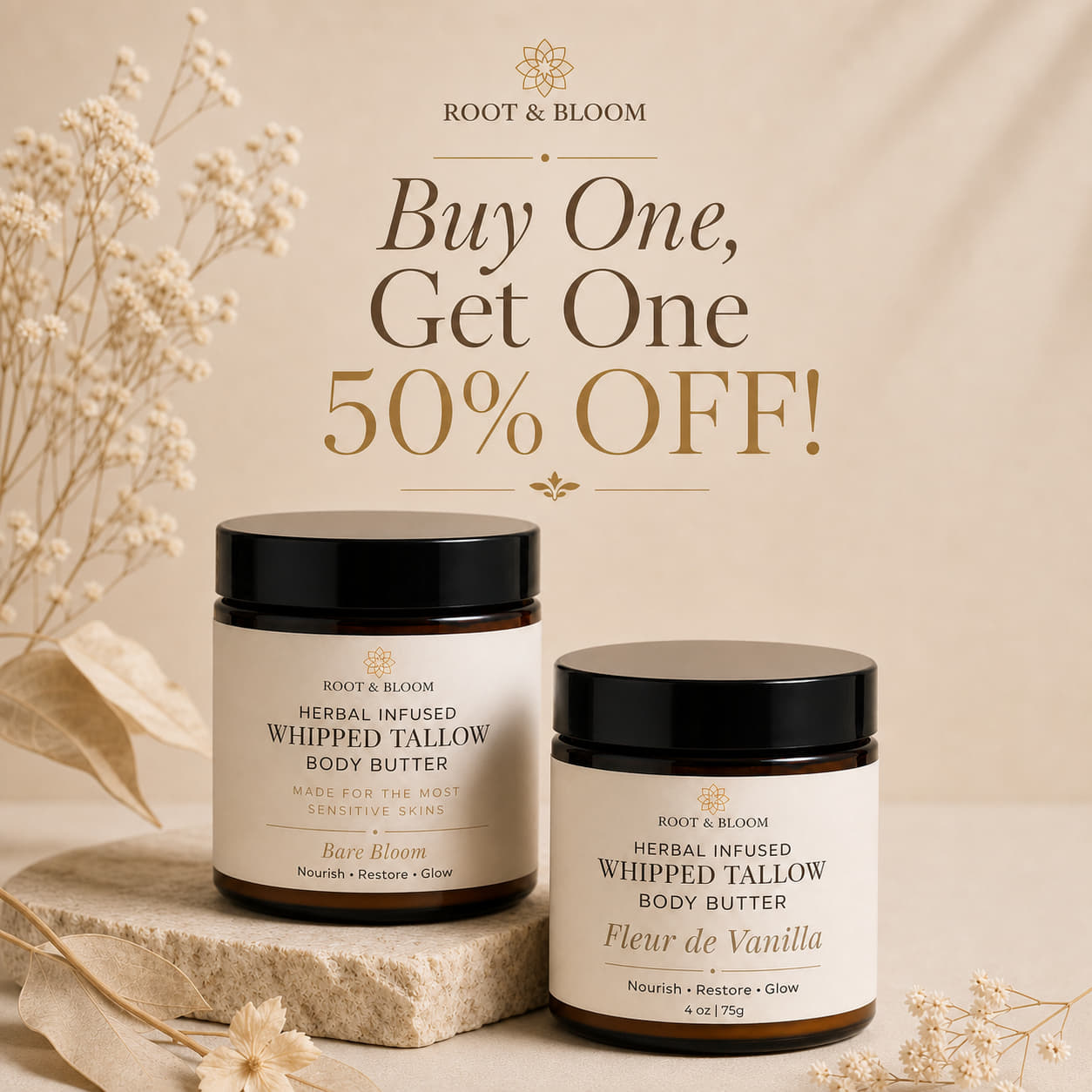 Root and Bloom| BOGO 50% Off| Whipped Tallow Body Butter in Bare Bloom and Fleur de Vanilla