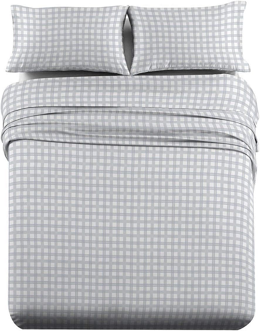 Royal Tradition Heavyweight Flannel, 100-Percent Cotton Full 4PC Bed Sheets Set, Grey Check Print, 170 GSM Full Grey Check