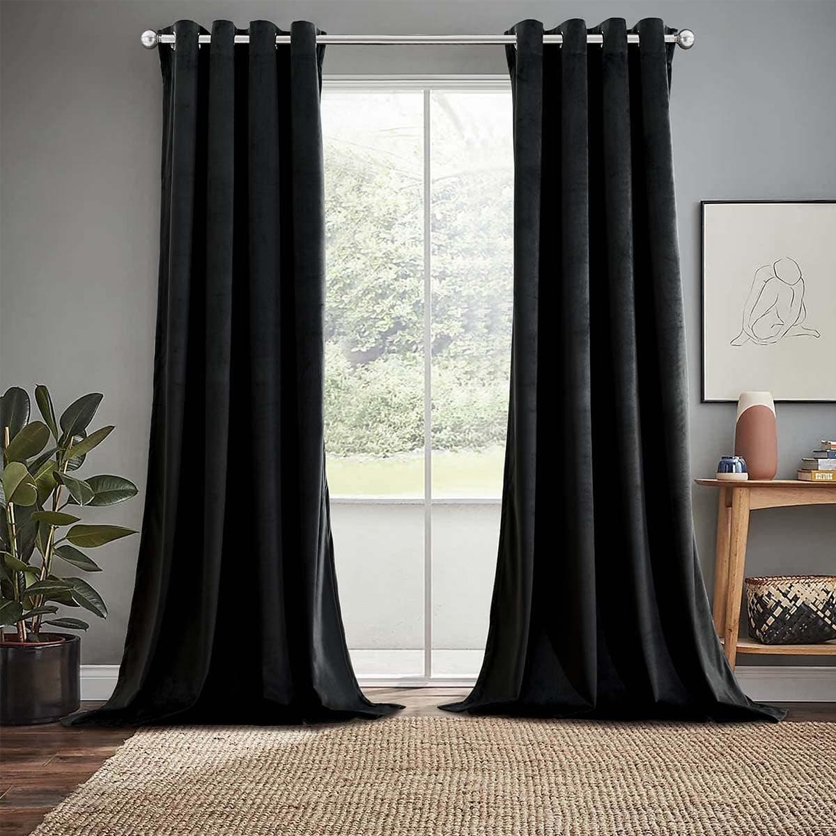 Royal Tradition Velvet Heavyweight Grommet Top Window Curtains, Set of 2 (52" Wx84 L) Solid Panels, Black 84" Long Black
