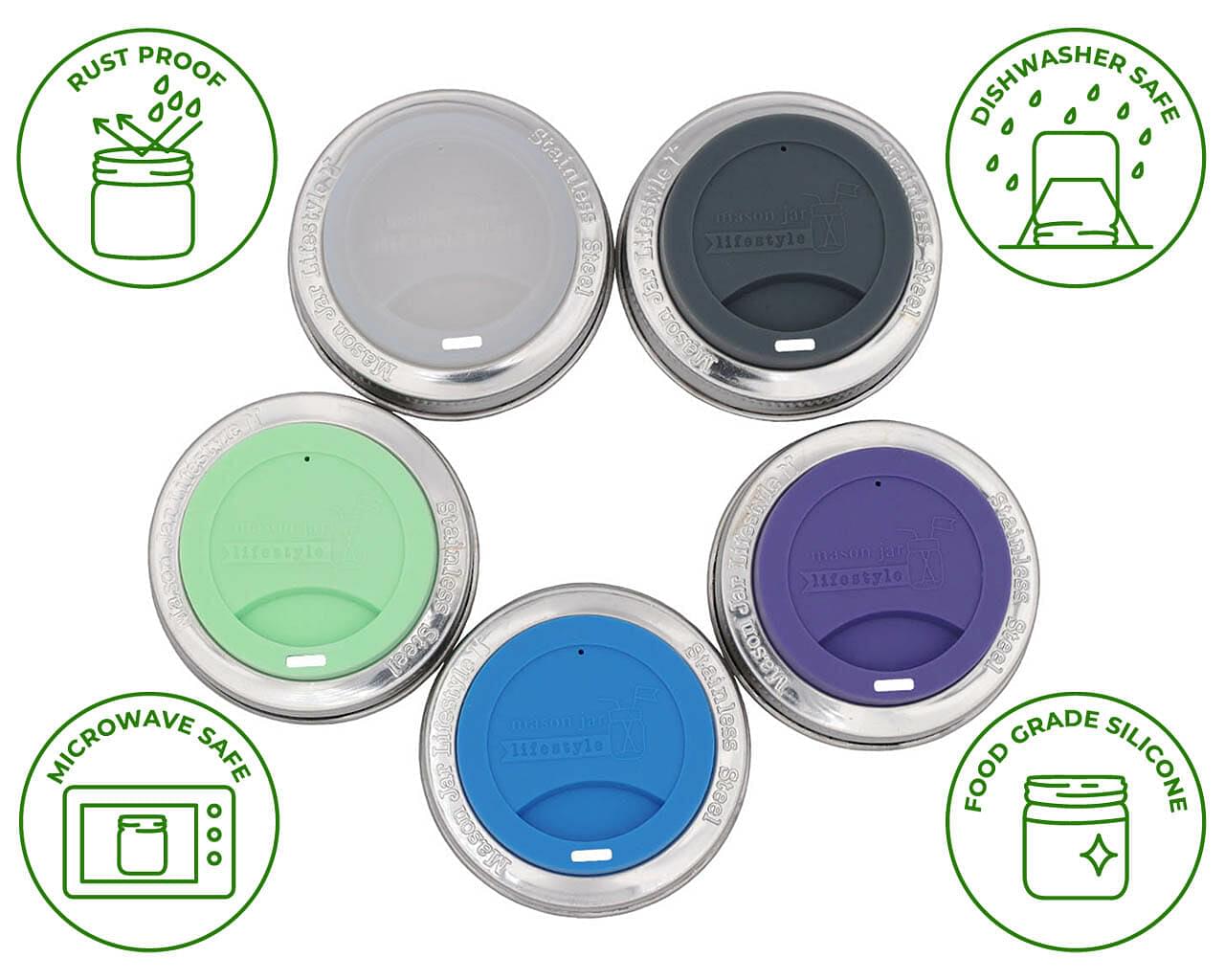 Silicone Drinking Lid with Stainless Steel Band for Mason Jars