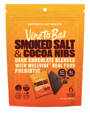 Smoked Salt and Cocoa Nibs Dark Chocolate Squares - Bite-Size 65% Dark Chocolate with Chardonnay Smoked Salt, Cocoa Nibs and WellVine Infusion