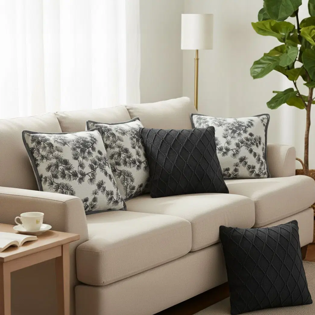 SOGA 5PC 45cm Pillowcases – 2x Charcoal Grey Cable Knit & 3x Dark Grey Floral Pillow Covers for Elegant Sofa & Home Décor