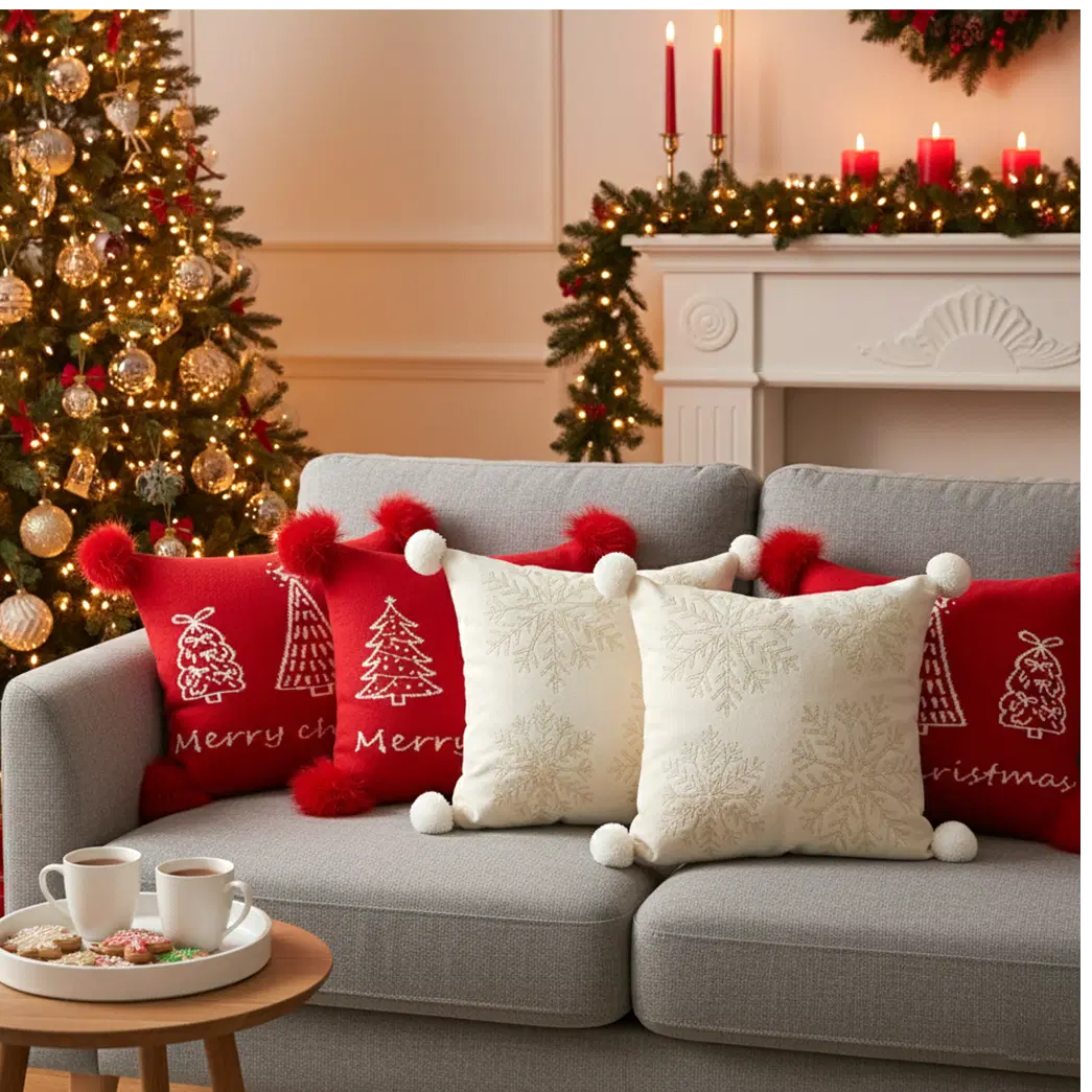 SOGA 5PC Christmas Pillow Cover Set – 2x Red Christmas Tree & 3x Cream Holiday Covers for Sofa, Bed & Home Décor