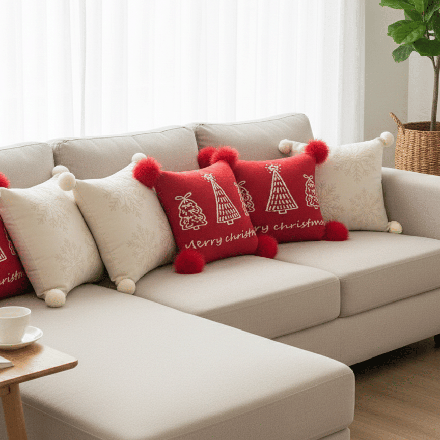 SOGA 5PC Christmas Pillow Cover Set – 2x Red Christmas Tree & 3x Cream Holiday Covers for Sofa, Bed & Home Décor