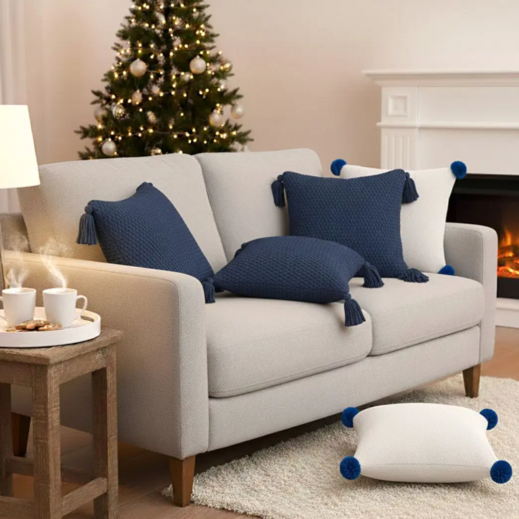 SOGA 5PC Chunky Knit Navy & Cream Ribbed Pillow Covers with Pom-Poms for Sofa