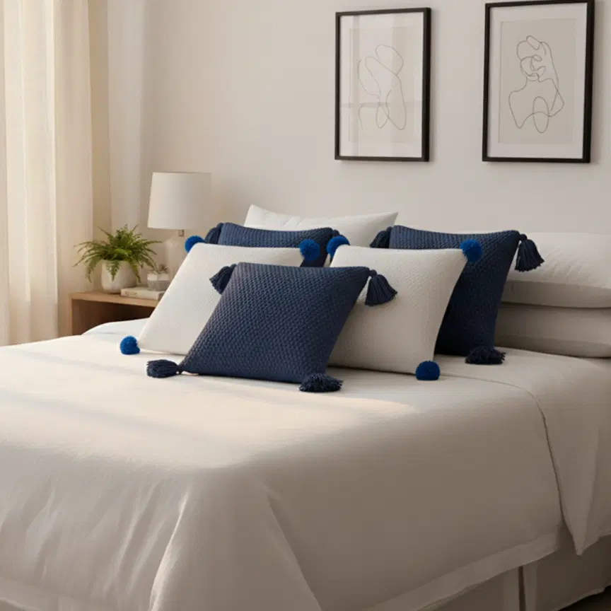 SOGA 5PC Chunky Knit Navy & Cream Ribbed Pillow Covers with Pom-Poms for Sofa