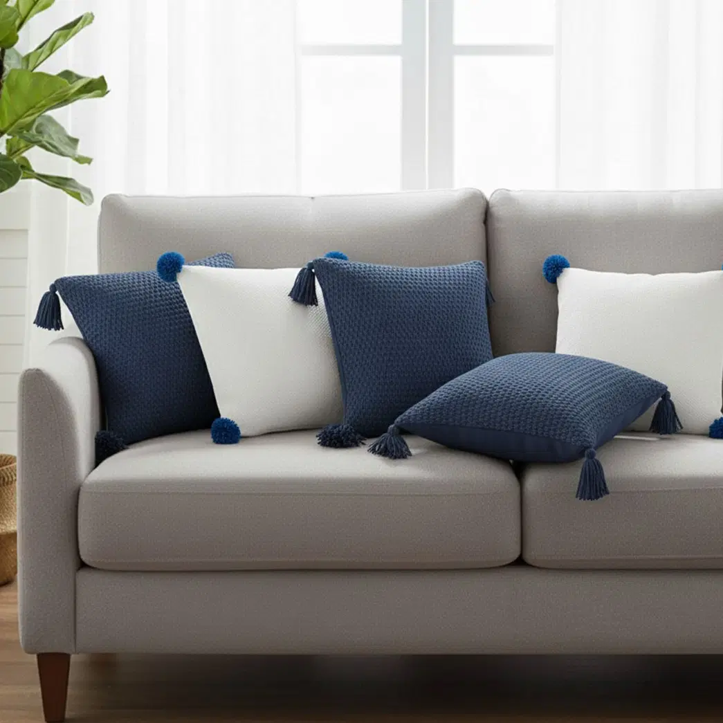 SOGA 5PC Chunky Knit Navy & Cream Ribbed Pillow Covers with Pom-Poms for Sofa