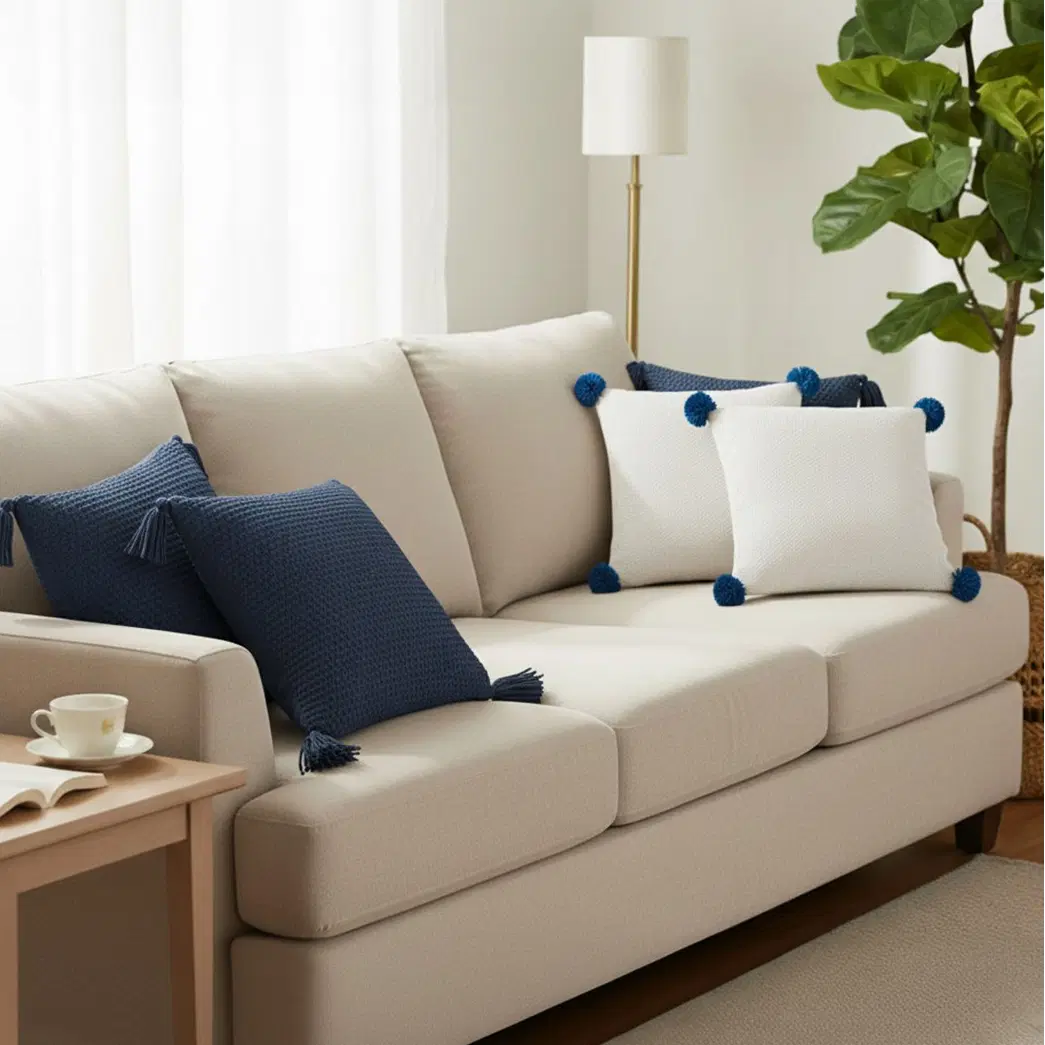SOGA 5PC Chunky Knit Navy & Cream Ribbed Pillow Covers with Pom-Poms for Sofa