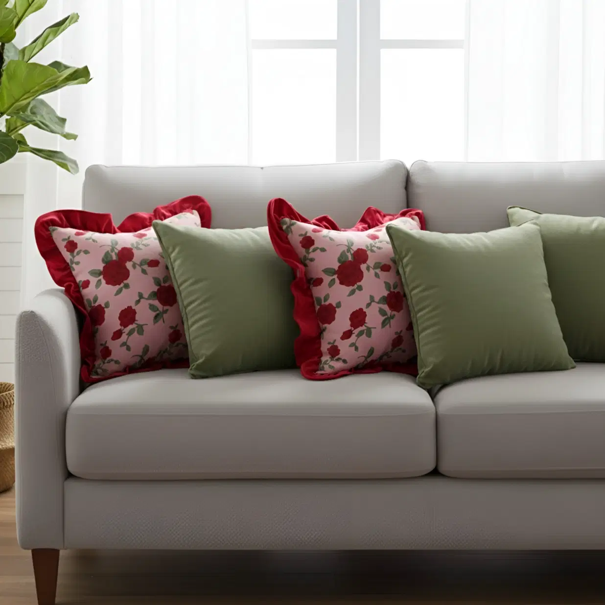 SOGA 5PC Decorative Pillow Cover Set – 3x 45cm Sage Green Velvet & 2x Rose Garden with Burgundy Ruffle Covers for Sofa & Bed