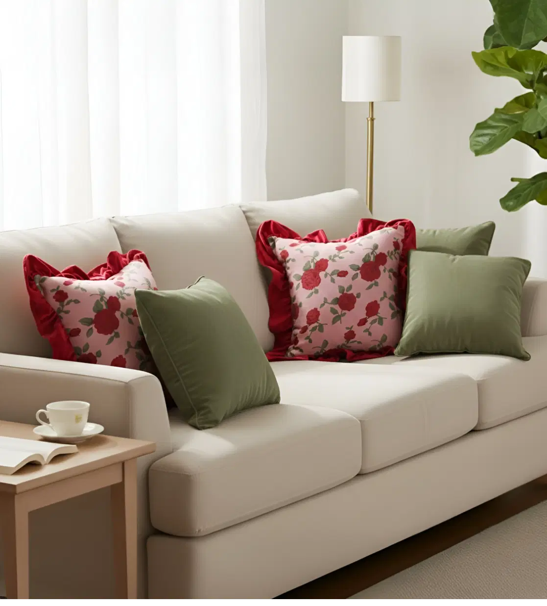 SOGA 5PC Decorative Pillow Cover Set – 3x 45cm Sage Green Velvet & 2x Rose Garden with Burgundy Ruffle Covers for Sofa & Bed