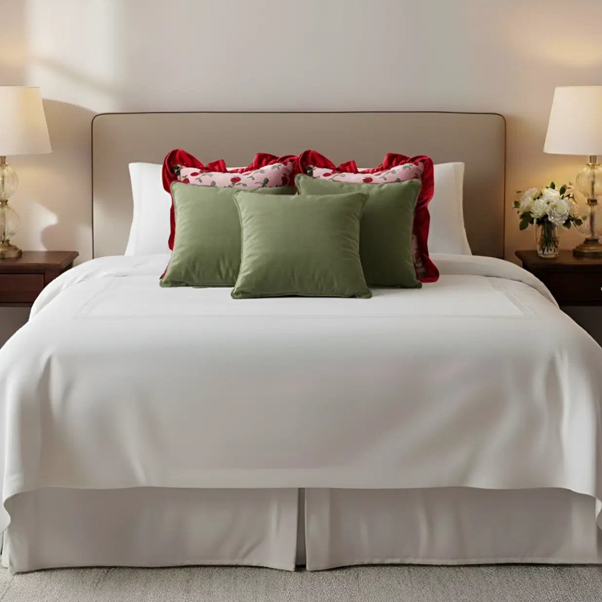 SOGA 5PC Decorative Pillow Cover Set – 3x 45cm Sage Green Velvet & 2x Rose Garden with Burgundy Ruffle Covers for Sofa & Bed