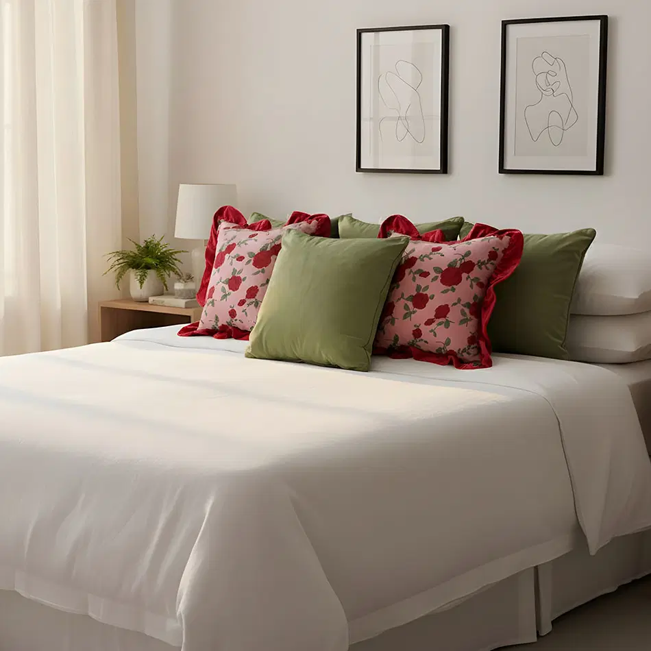 SOGA 5PC Decorative Pillow Cover Set – 3x 45cm Sage Green Velvet & 2x Rose Garden with Burgundy Ruffle Covers for Sofa & Bed