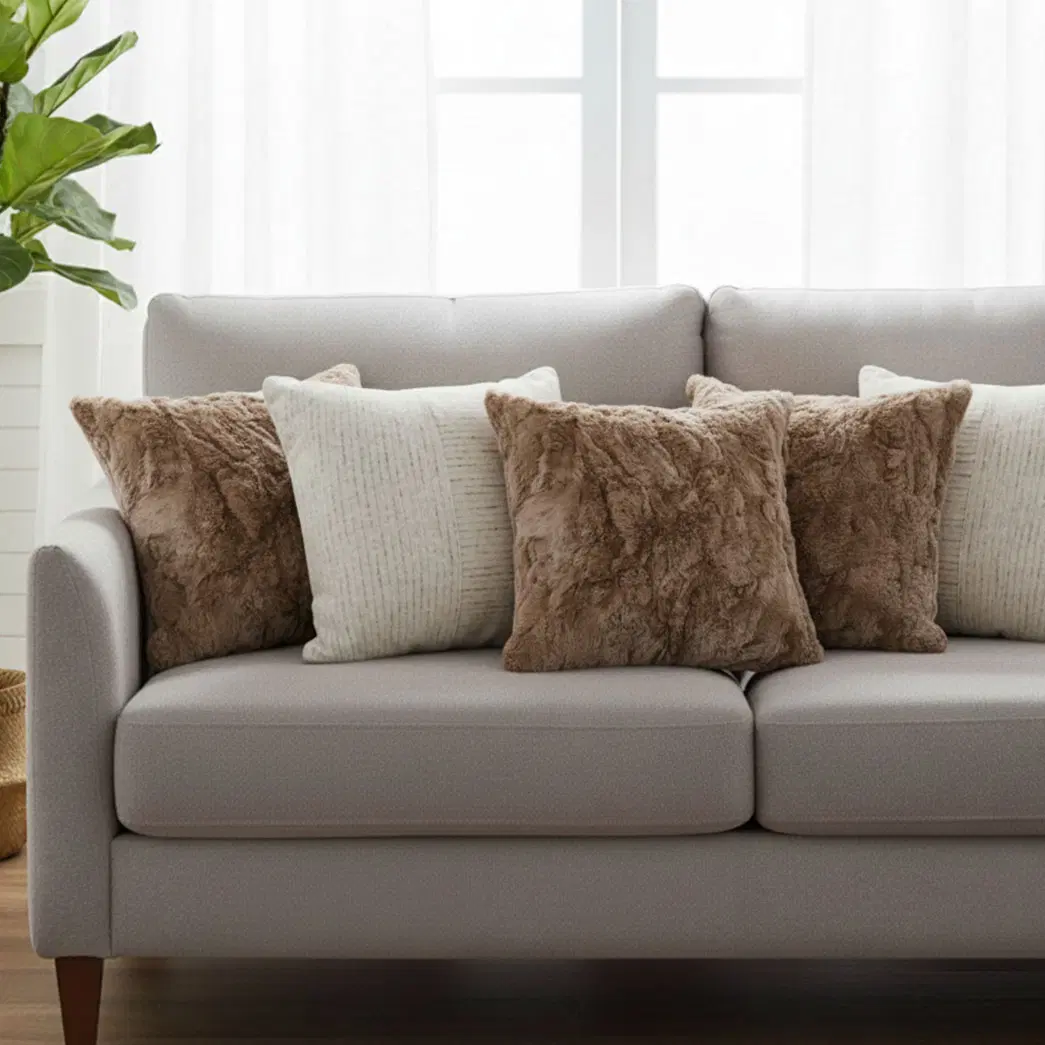 SOGA 5PC Decorative Pillow Cover Set – LuxeFur Brown & Neutral Beige Floral Linen Covers for Sofa or Bed