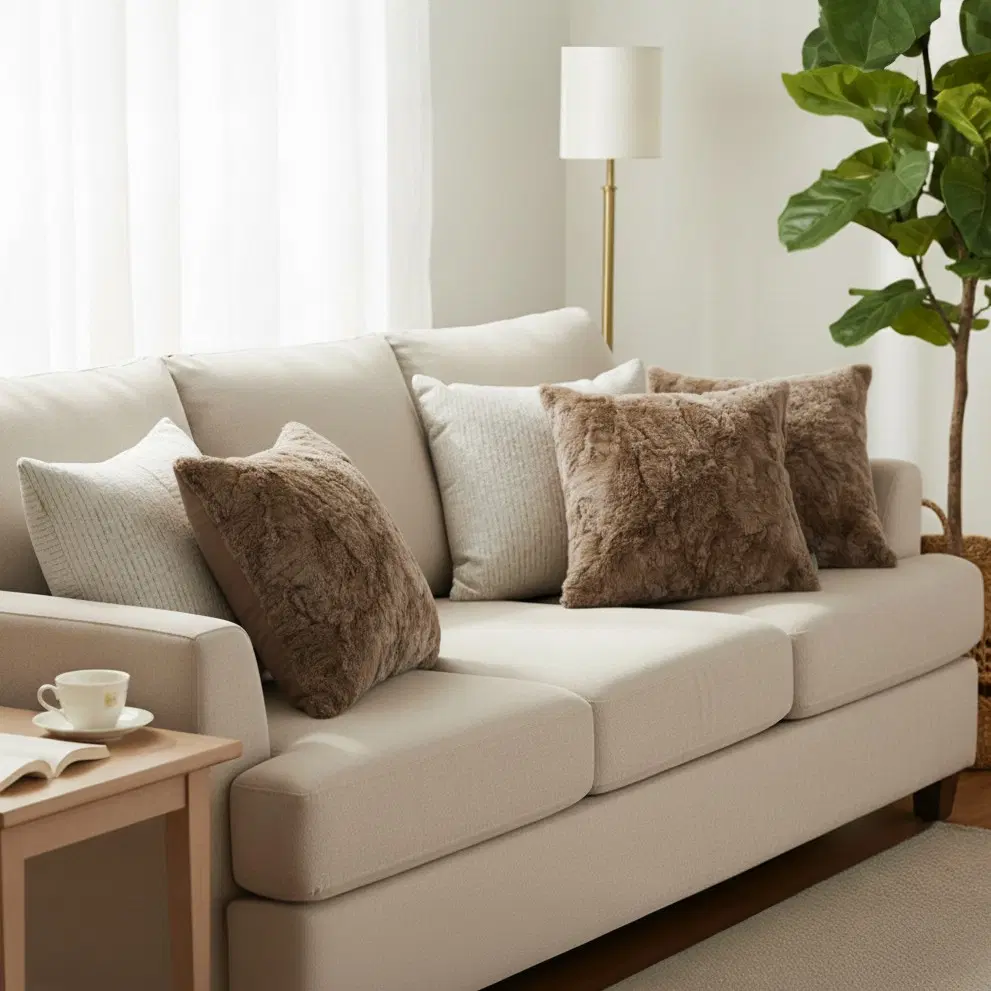 SOGA 5PC Decorative Pillow Cover Set – LuxeFur Brown & Neutral Beige Floral Linen Covers for Sofa or Bed