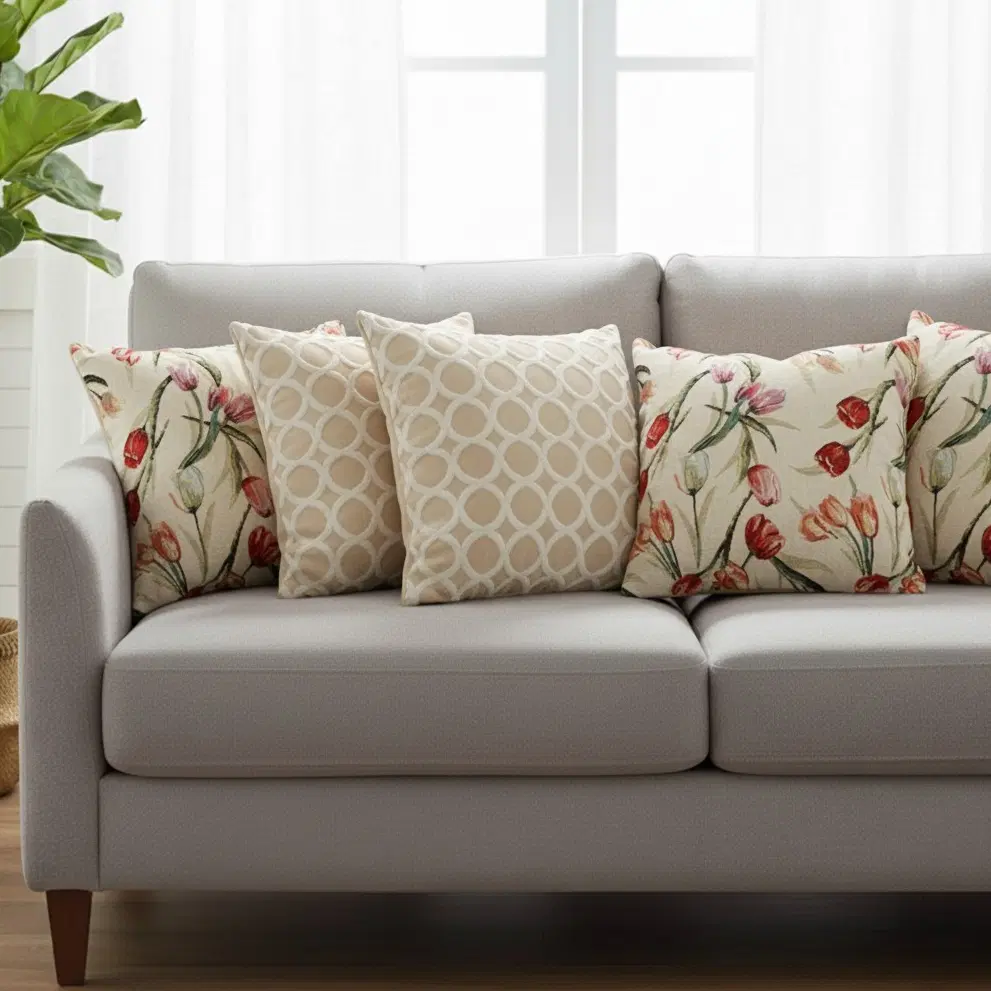 SOGA 5PC Decorative Pillow Cover Set – Quilted Diamond & Light Botanical Floral Covers for Sofa & Bed