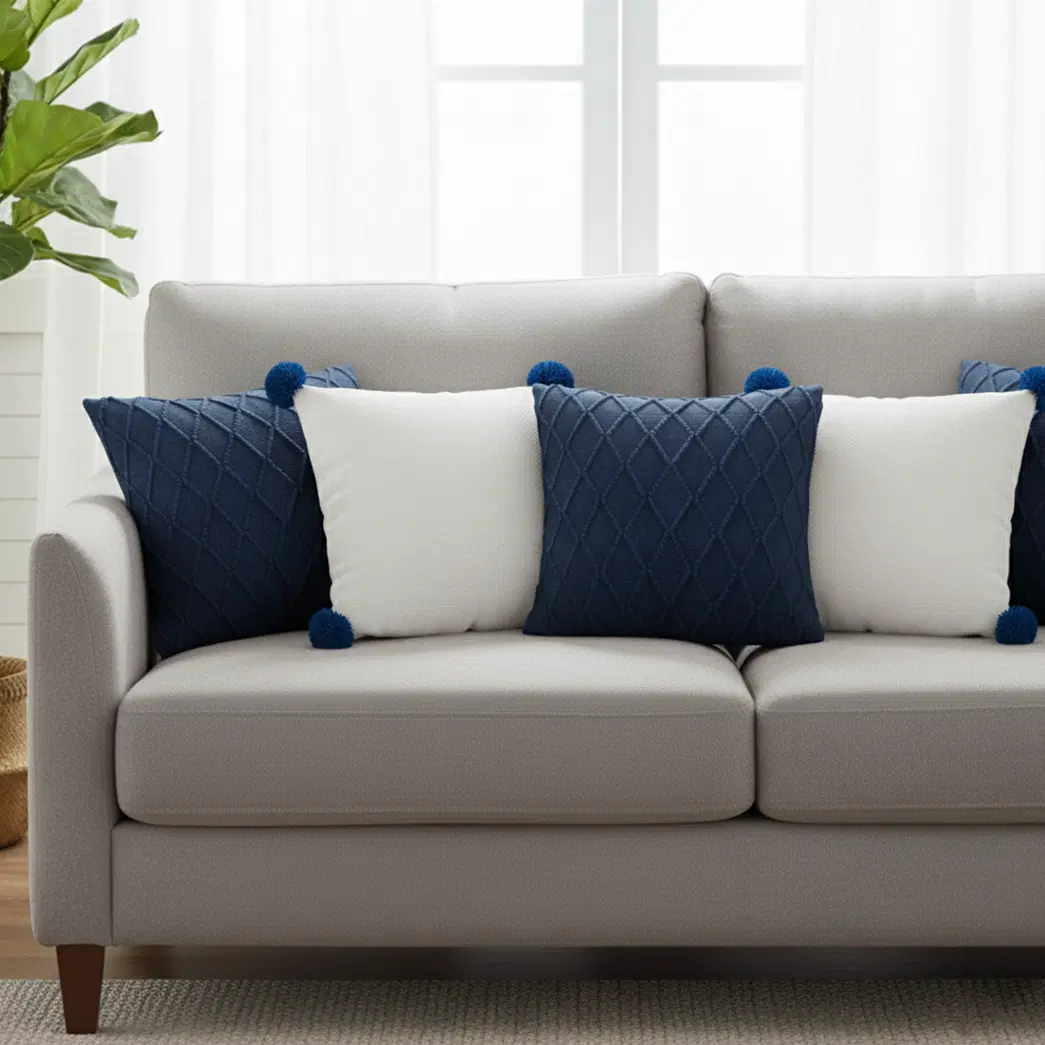 SOGA 5PC Navy Blue Diamond Knit & Cream Ribbed Knit Pillow Covers with Pom-Poms