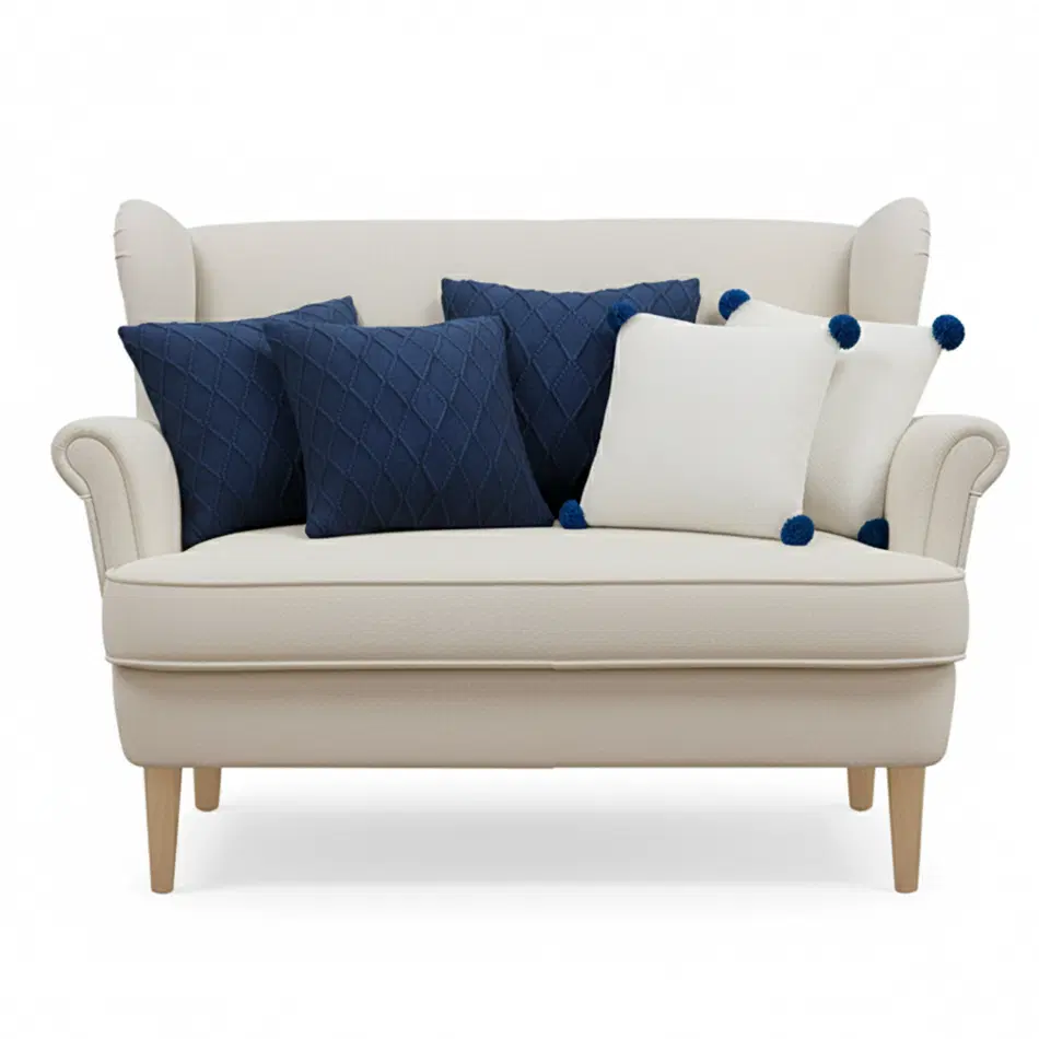 SOGA 5PC Navy Blue Diamond Knit & Cream Ribbed Knit Pillow Covers with Pom-Poms