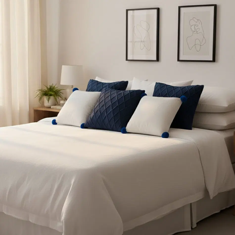 SOGA 5PC Navy Blue Diamond Knit & Cream Ribbed Knit Pillow Covers with Pom-Poms