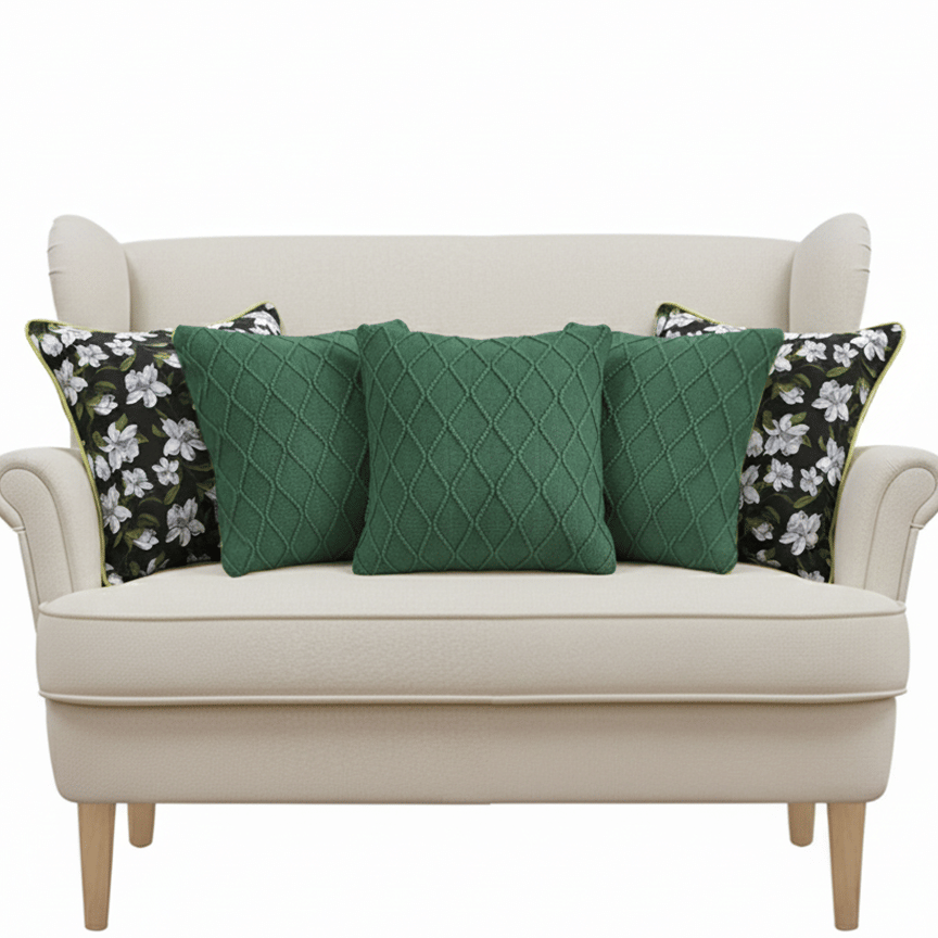 SOGA 5PC Pillow Cover Set – 2x 45cm Black Floral with Green Trim & 3x 45cm Forest Green Diamond Knit Covers